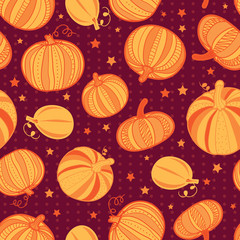 Vector orange dark red pumpkins polka dots seamless repeat pattern background. Great for fall themed designs, invitation, fabric, packaging projects.