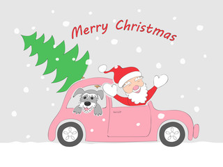 Christmas card with santa in retro auto