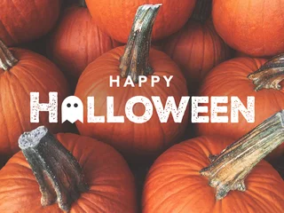 Gordijnen Happy Halloween Typography With Pumpkins Background © IrisImages