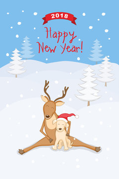 New year 2018 card with dog and reindeer