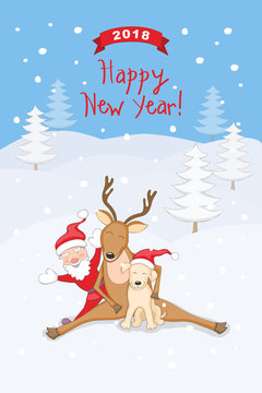 New year 2018 card with santa, dog and reindeer