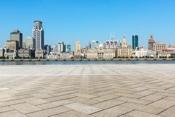 Empty square floor and modern city architecture scenery in Shanghai