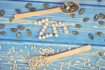 Vintage photo, Products and ingredients containing zinc, minerals and dietary fiber, healthy nutrition