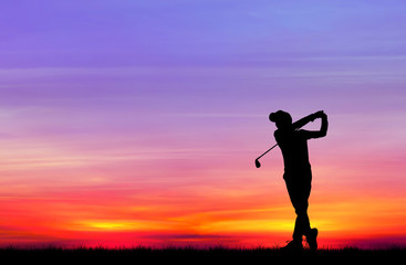 silhouette golfer playing golf during beautiful sunset