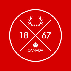A simple Canadian badge featuring a maple leaf, antlers, and the date of confederation.