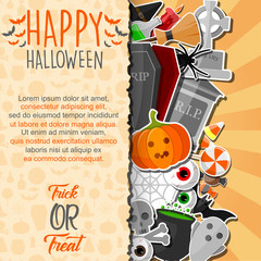 Halloween banner with flat icons stickers on orange background