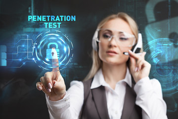 Young businesswoman working in virtual glasses, select the icon PENETRATION TEST on the virtual...