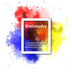 Abstract Red yellow and blue watercolor background with white square border for illustrator graphic vector design