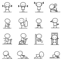 Set of Cartoon simple line character in variety action of Excercise fitness training concept for vector graphic design icon