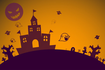 Halloween theme background with ghost bat out from haunted house and full moon for illustrator graphic design concept