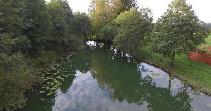 Rising above forest river.