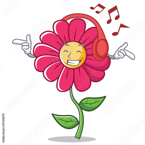 "Listening music pink flower character cartoon" Imágenes de archivo y vectores libres de