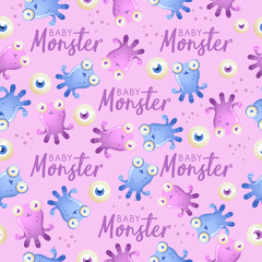 Colorful Cute Monsters Seamless Pattern  : Vector Illustration