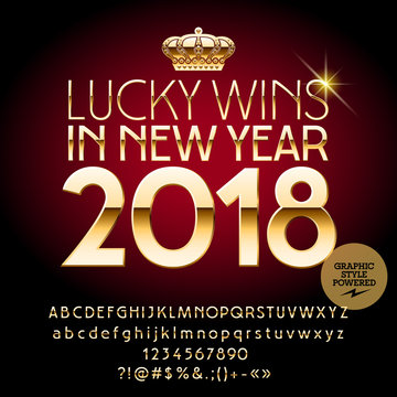 Vector casino Happy New Year greeting card. Set of Alphabet letters, symbols, numbers. Golden Font contains Graphic Style