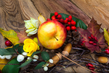 Thanksgiving background with apple and yellow roses