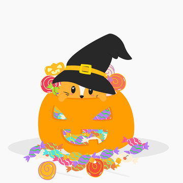orange cat wearing black witch hat inside a Halloween pumpkin full of candies. Halloween cartoon vector