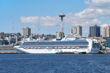 A cruise ship bound for Alaska docks in Seattle