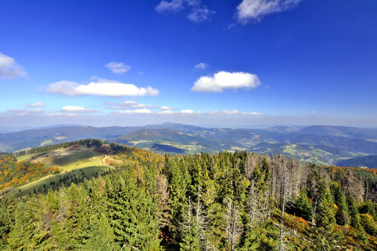  Beskidy mountains autumn landscape. Panorama from Gorc peak in Gorce mountains, Poland