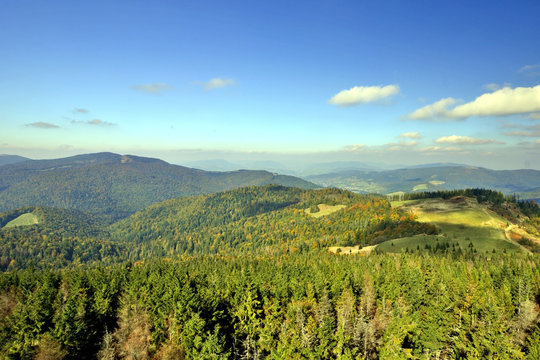  Beskidy mountains autumn landscape. Panorama from Gorc peak in Gorce mountains, Poland
