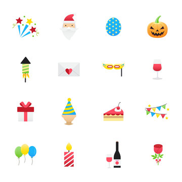 Celebration Party Icons. Set of Happy Holidays Icons Vector Illustration Color Icons Flat Style.
