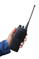 Radio communication on hand isolate on white