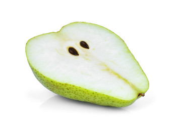 half of green packham pear isolated on white background