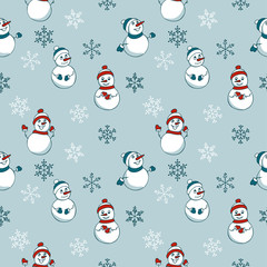 color vector pattern of snowman and snowflakes