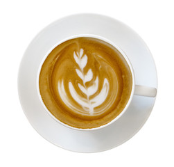 Top view of hot coffee latte cappuccino cup with latte art shaped isolated on white background, clipping path included.