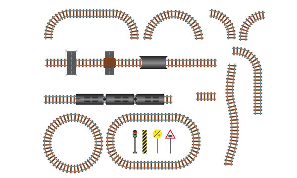 Vector railroad and railway tracks construction elements. Wavy trackway structure for traffic train illustration