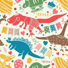 Dinosaurs at the party. Cute baby seamless pattern.
