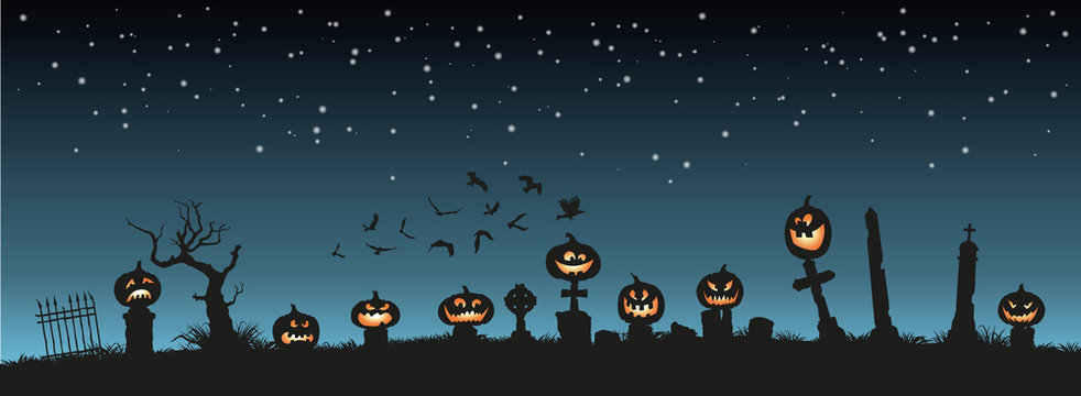 Holiday Halloween. Black silhouettes of pumpkins on the cemetery on night sky background. Graveyard and broken trees