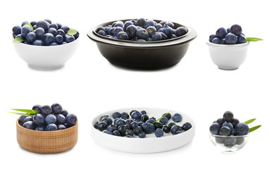 Collage of acai berries in different dishware on white background