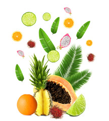 Tropical leaves and sliced fruits on white background