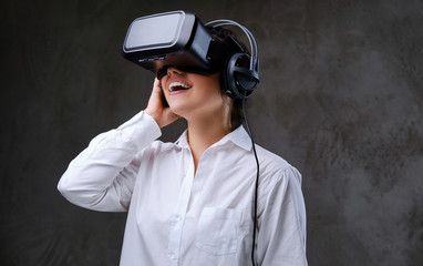 Female with VR glasses having fun.