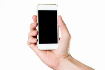 Man hand holding the white smartphone