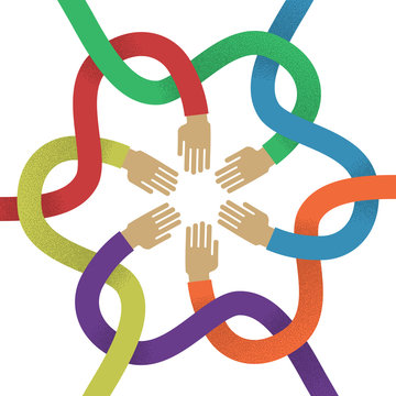 Association several intertwined multicolored hands flat style. Union of several colored intertwined hands for designers and illustrators. Sign of frendship in the form of a vector illustration