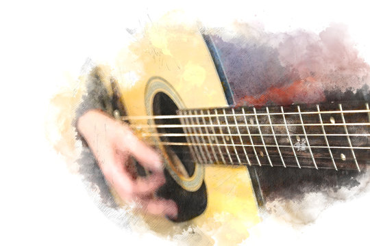 Abstract beautiful playing Guitarist in the foreground, Watercolor painting background and Digital illustration brush to art.