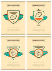 Set of american football retro poster with ball, helmet and stars.