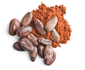 Tasty cocoa powder and beans.