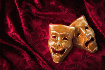 Theater masks, comedy and drama on a red curtain / 3D Rendering, Mixed media.