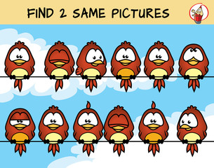 Find two the same birds on the picture. Educational matching game for children. Cartoon vector illustration