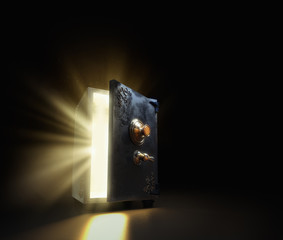 Open safe box with light rays and dramatic lighting / 3D Rendering