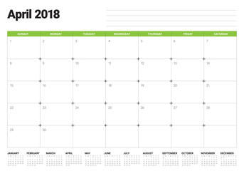 April 2018 calendar planner vector illustration