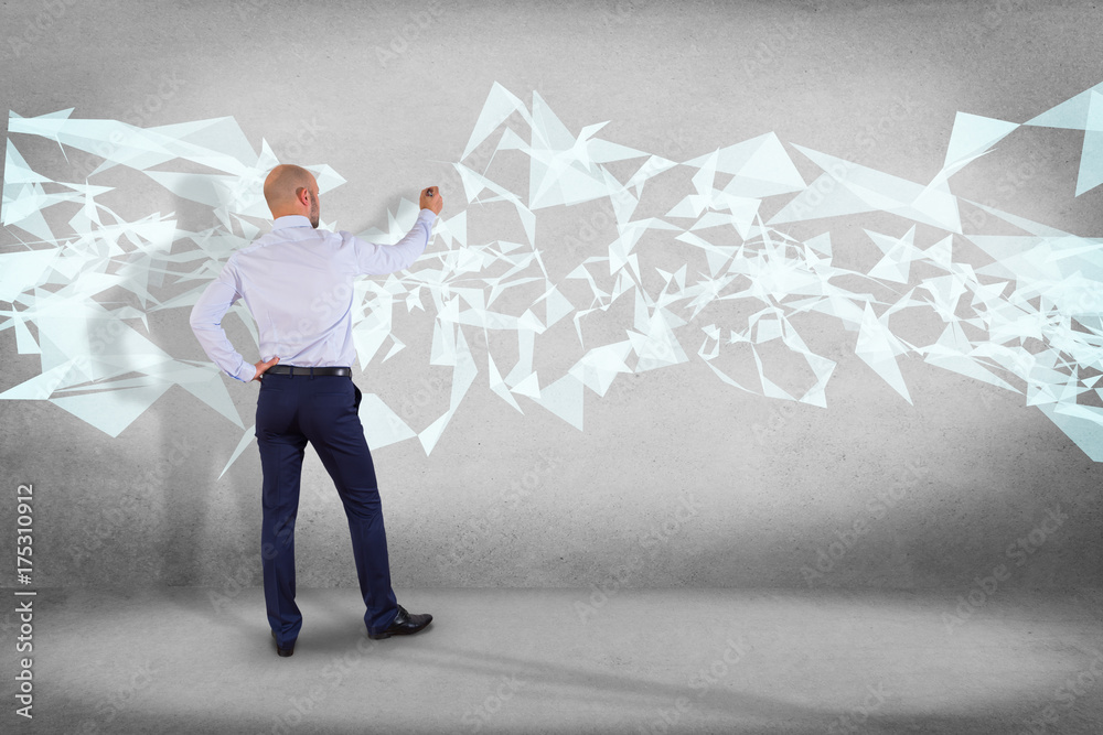 Poster businessman in front of a wall with abstract triangle displayed on a futuristic interface with line 