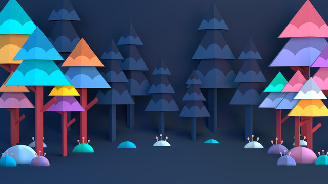 Colorful paper forest. 3d rendering picture.