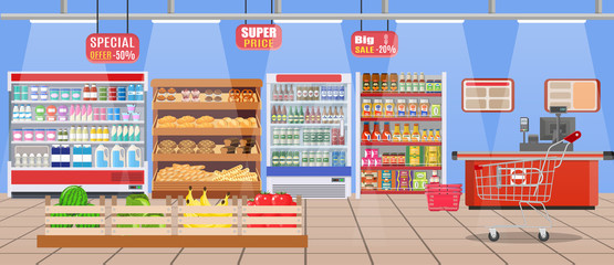 Supermarket store interior with goods.