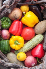 Fototapeta na wymiar Basket of colorful fruits and vegetables