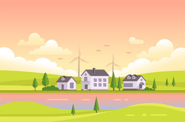 Small houses by the river during sunset - modern vector illustration