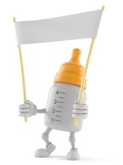 Baby bottle character holding blank banner