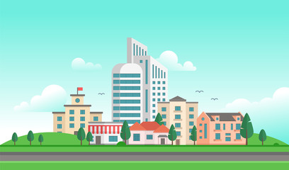Urban landscape with a road - modern vector illustration
